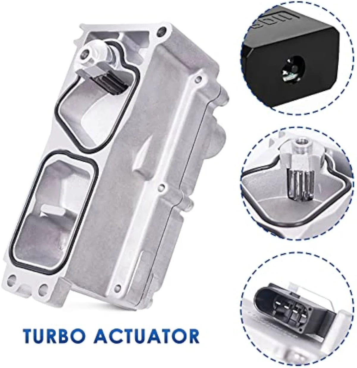 WOLLAHS 5494878RX 6.7 Cummins turbo actuator with the bundled Turbine Calibration Module, alignment pin, attachment screw hardware, and full gasket kit laid out for the install bay.