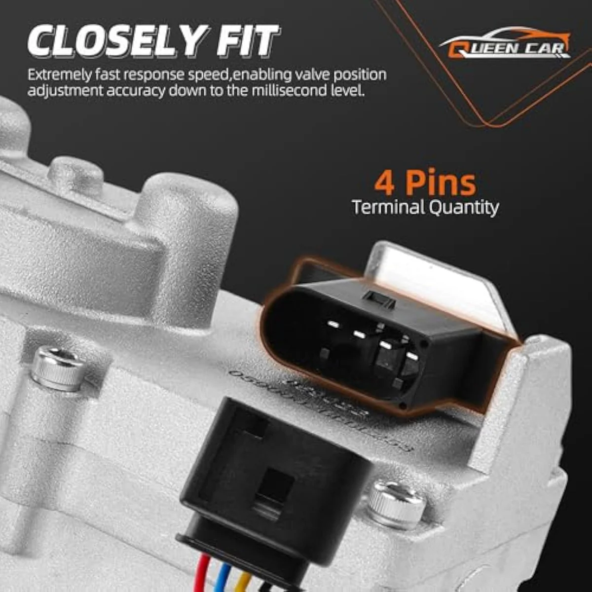 Queencar 5494878RX turbo actuator alongside the wiring-harness adapter and product-specific calibration box for the 2013-2018 Cummins 6.7L VGT install.