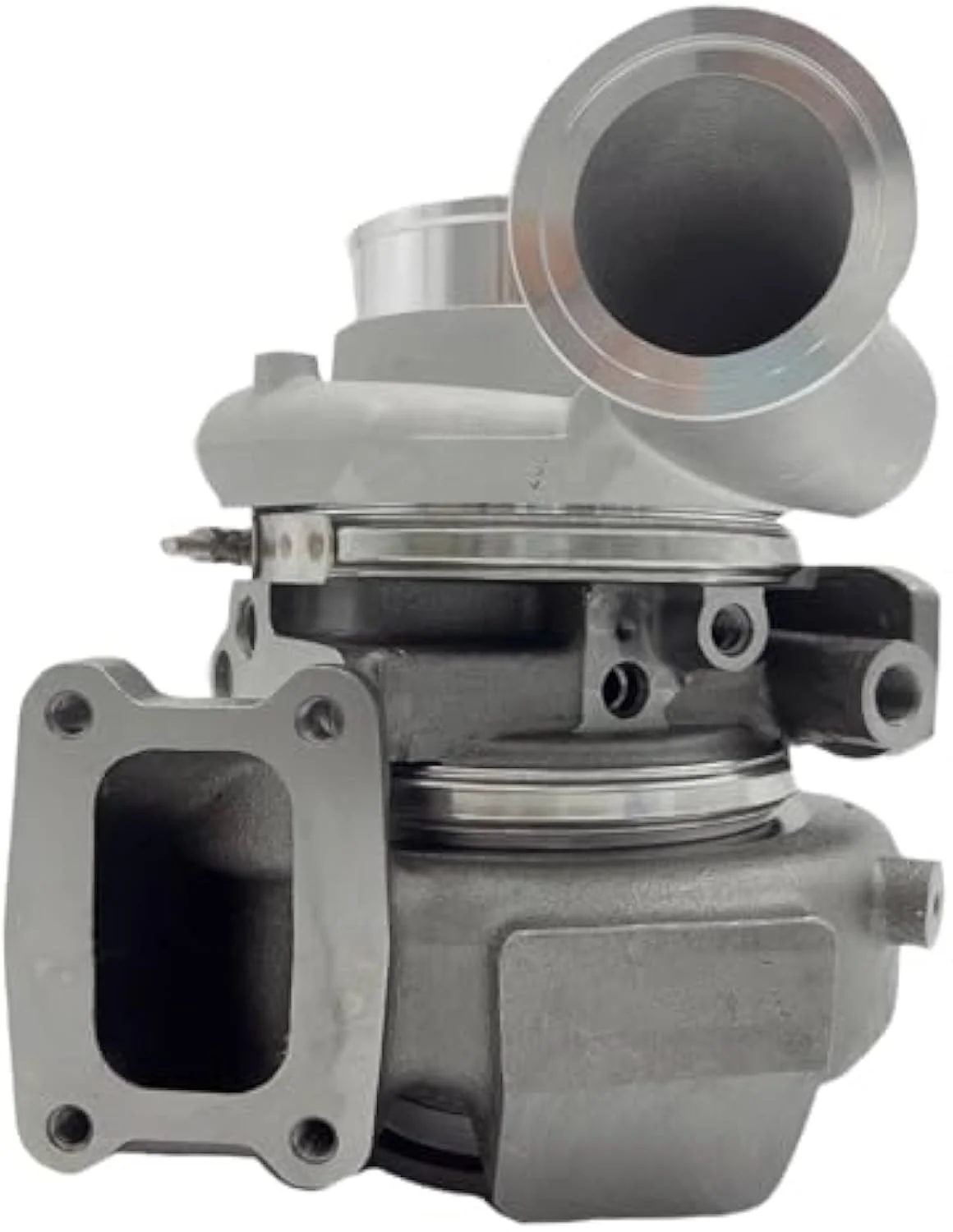 ASDPI turbocharger compressor housing detail showing the mounting flange and oil supply port locations that match the 2008-2010 ISB OE configuration.