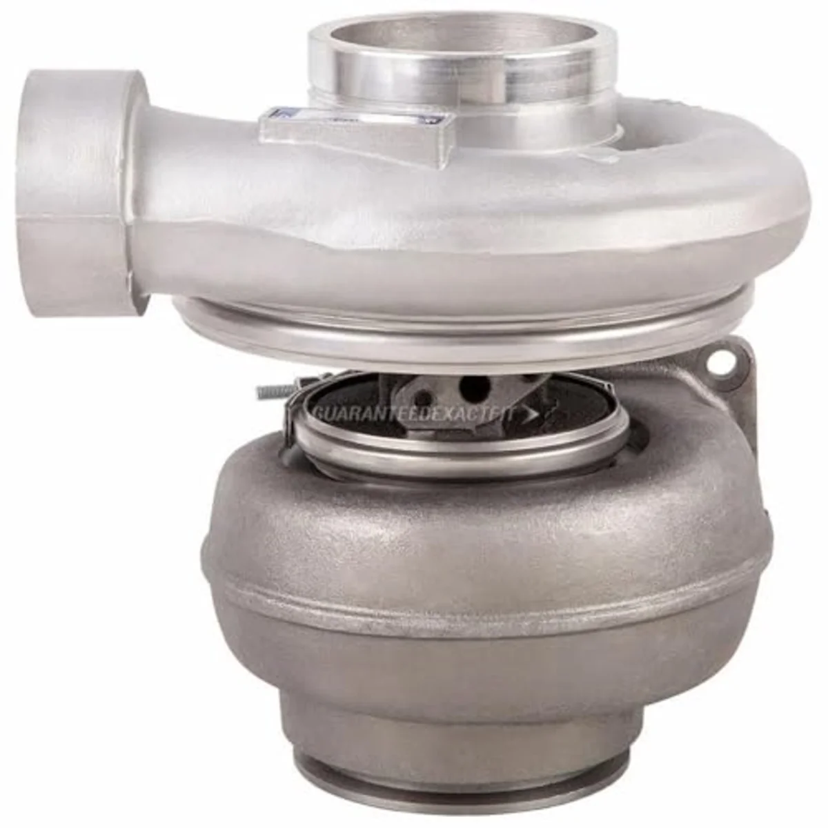 Volvo D12 Holset HX52 turbo from a secondary angle — wastegate-bypass architecture used across the 1992-2007 production run on Class-8 truck, marine, and industrial generator applications.