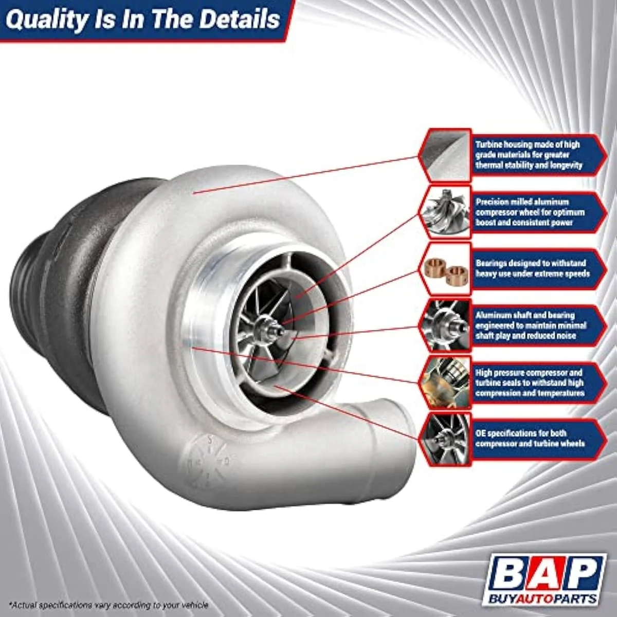 Side profile of the BuyAutoParts 40-30796AN turbocharger showing the wastegate-free fixed-geometry HX35 configuration.