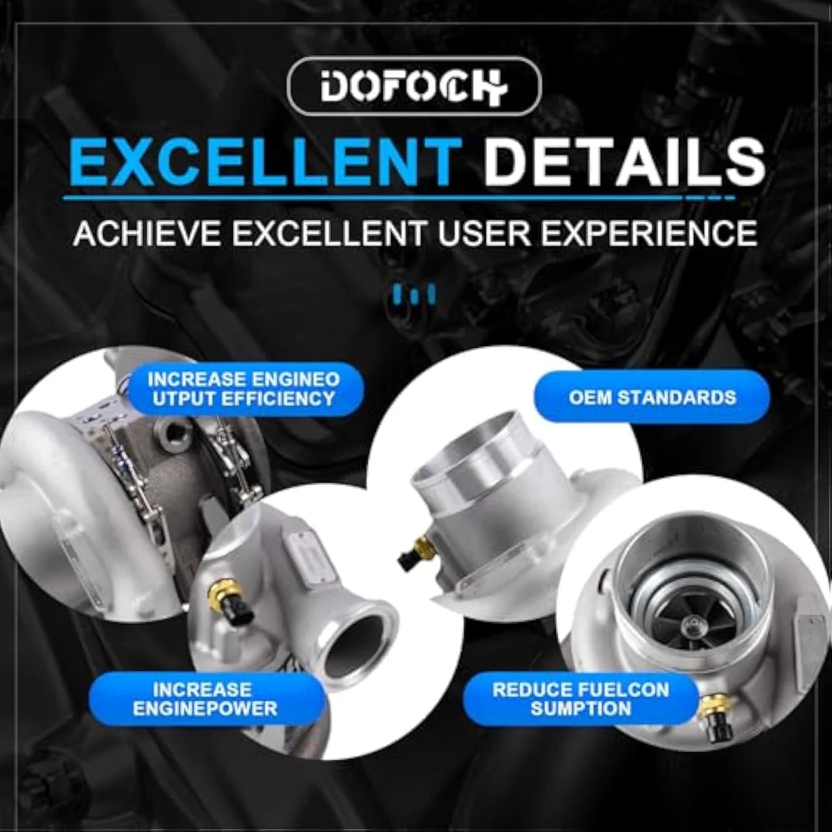DOFOCH turbocharger compressor housing detail — the casting-stamp verification area where buyers cross-reference against the existing failed unit's OE part number.