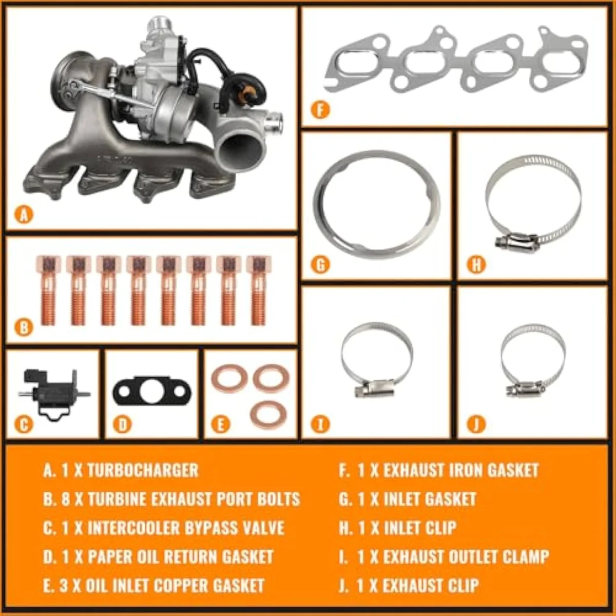Donpida GT1446V 1.4L Cruze turbocharger kit showing the bundled gasket set and the small-frame compressor housing.