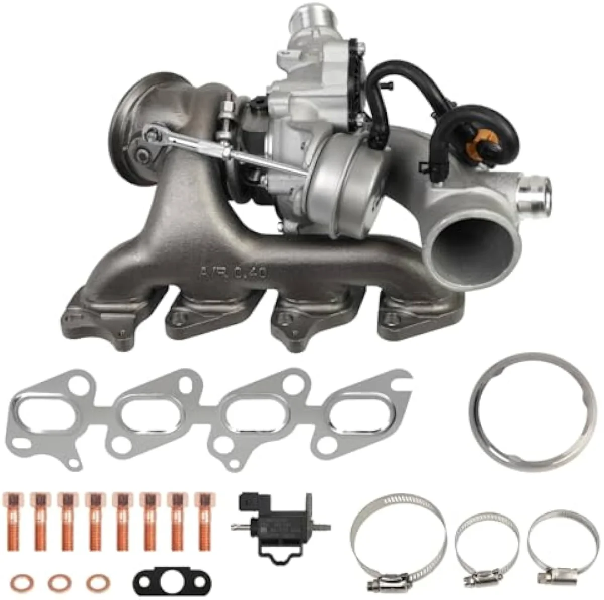 Donpida compressor housing detail showing the GT1446V frame inlet and the bundled gasket set components for the 1.4L A14NET swap.