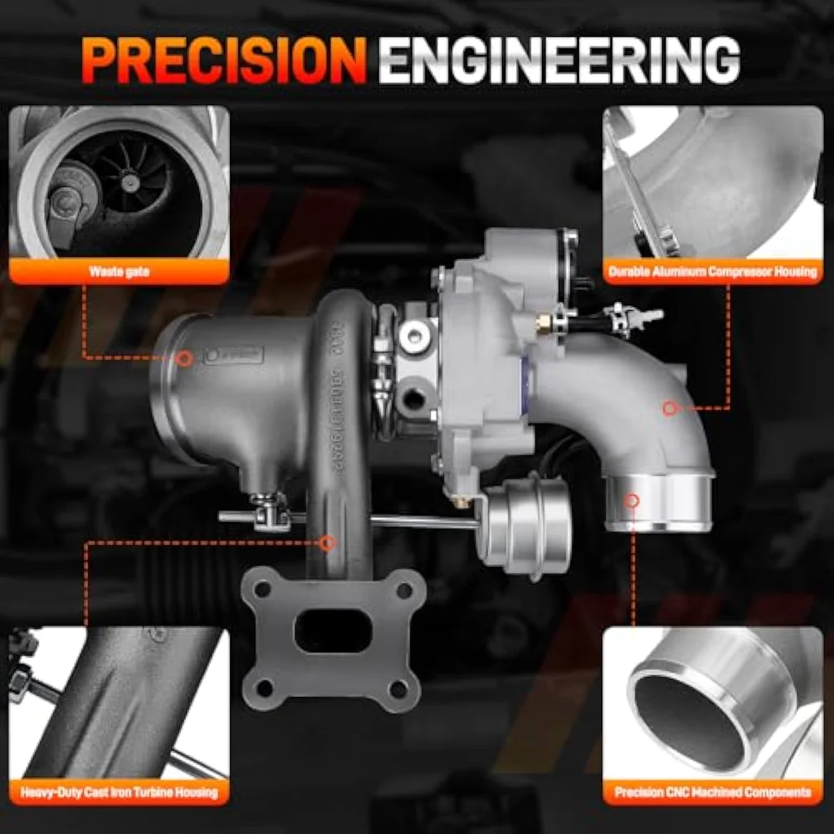 GDUKOP EcoBoost 2.0L turbocharger turbine housing detail — the cast iron construction with precision-machined aluminum compressor side.