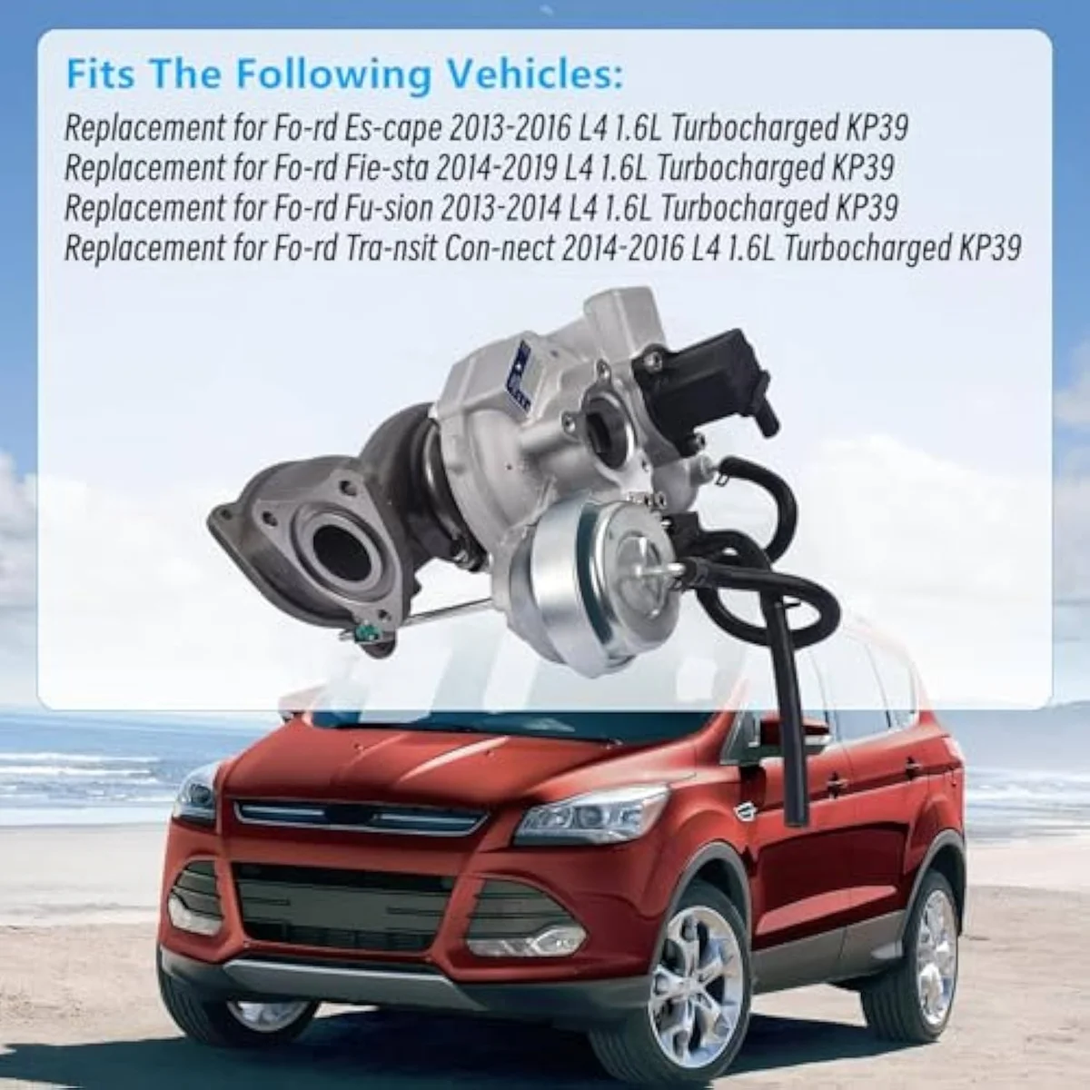 Vahaha KP39 1.6L EcoBoost turbocharger compressor housing — the smaller-frame turbo for Ford Escape / Fiesta / Fusion / Transit Connect chassis on the 1.6L EcoBoost engine.