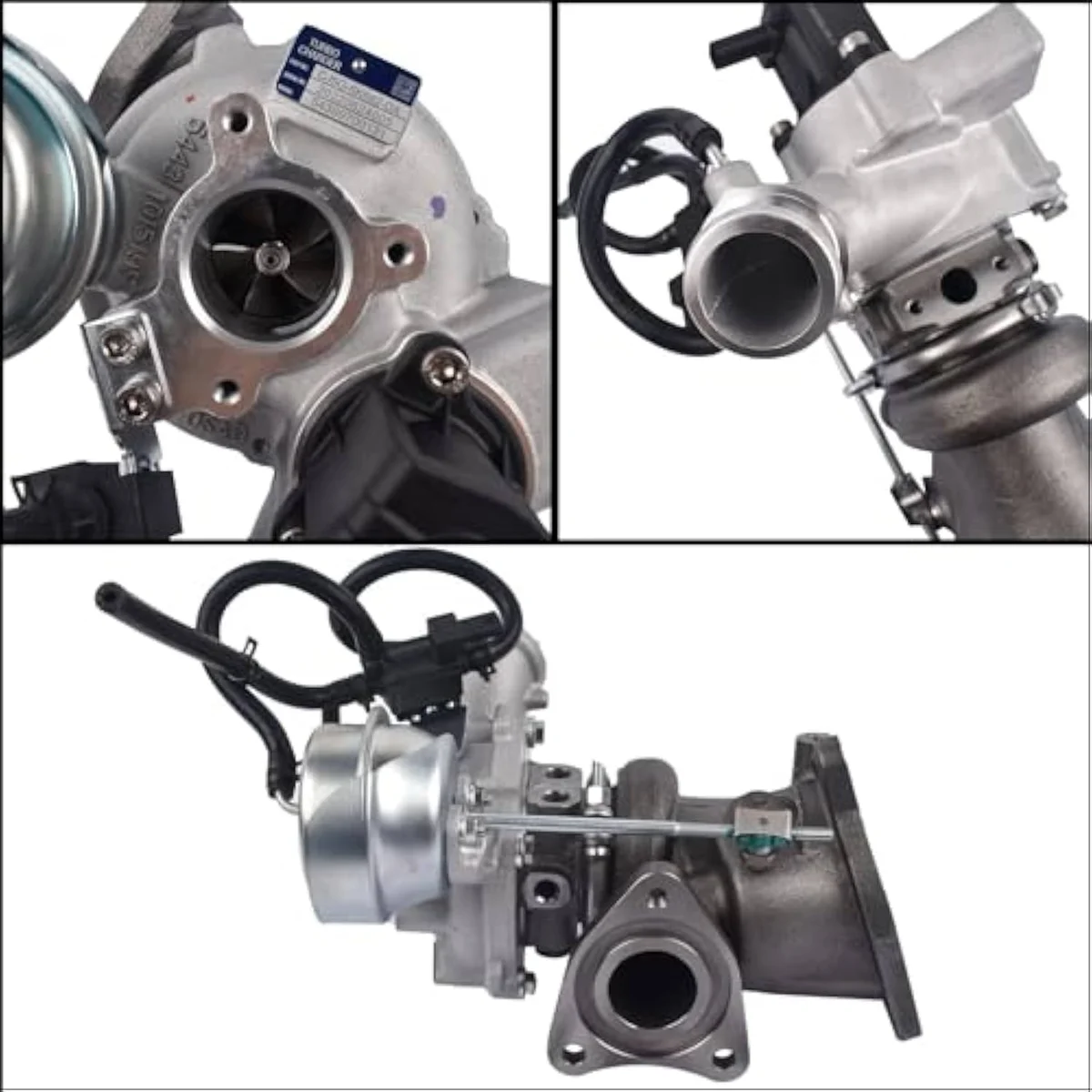 KP39 1.6L EcoBoost turbo from a secondary angle showing the compressor inlet and wastegate actuator housing — the small-frame architecture that makes the 1.6L EcoBoost run higher relative boost ratios than the 2.0L.