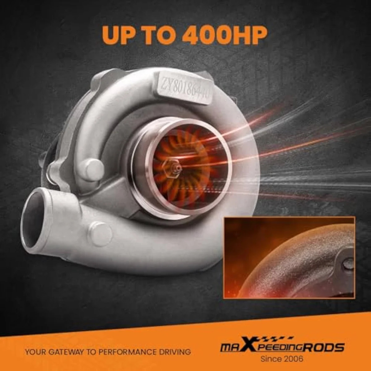 maXpeedingrods T3/T4 T04E universal turbocharger turbine housing — the ductile-iron construction rated to 1292°F sustained exhaust temperature.