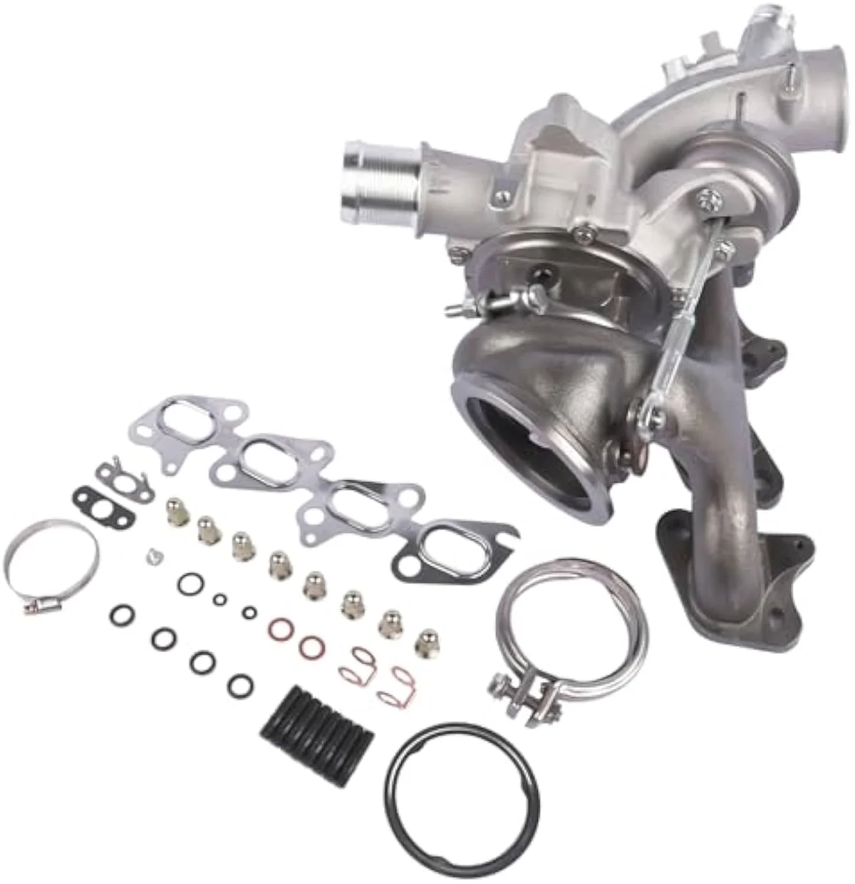 Detail view of the TEKKOAUTO compressor housing and integrated wastegate actuator for the 1.4L A14NET swap.