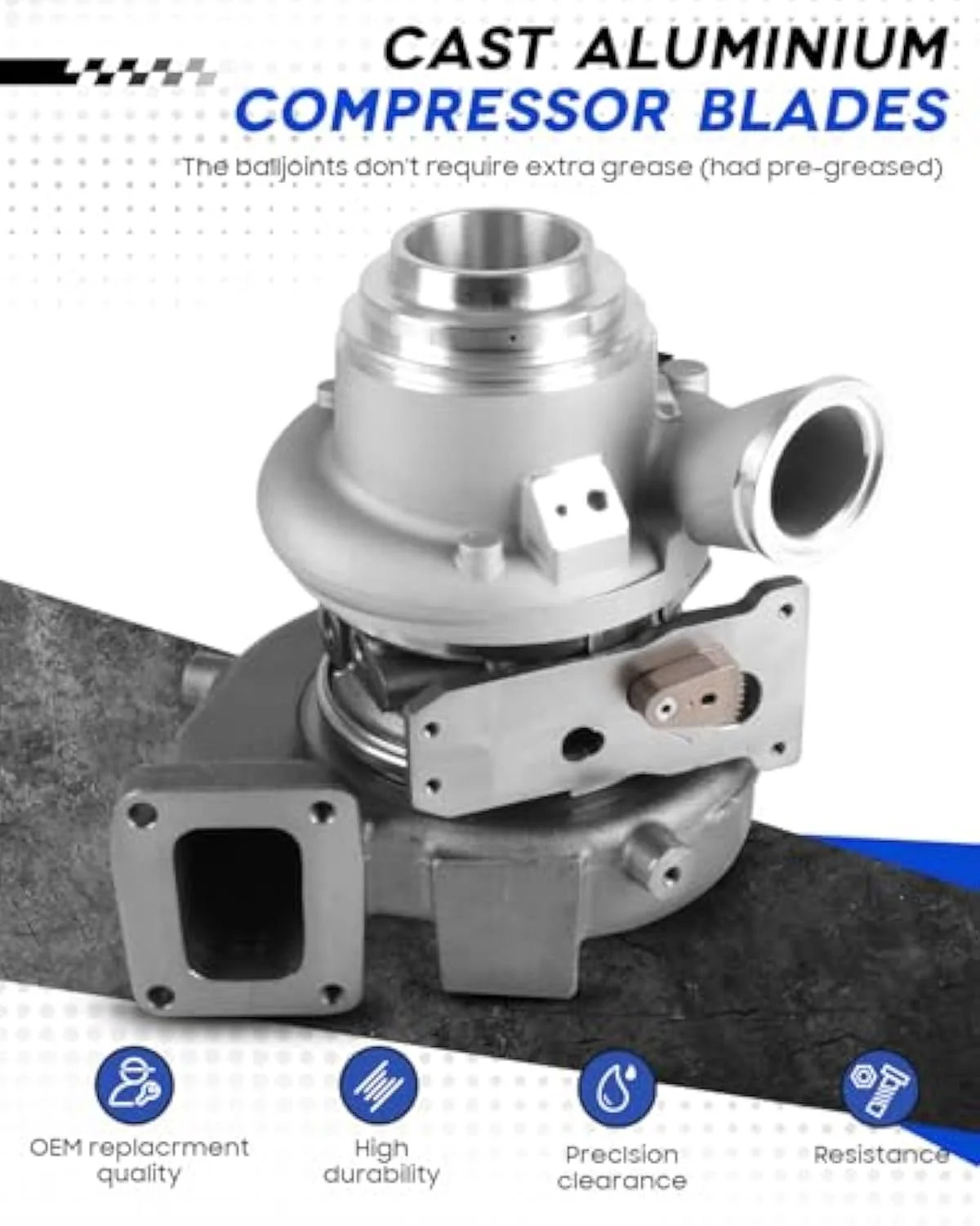 X15 turbocharger compressor housing detail — the HE400VG frame for Cummins X15 / ISX15 / heavy-duty Class-8 applications with cast-iron turbine housing construction.