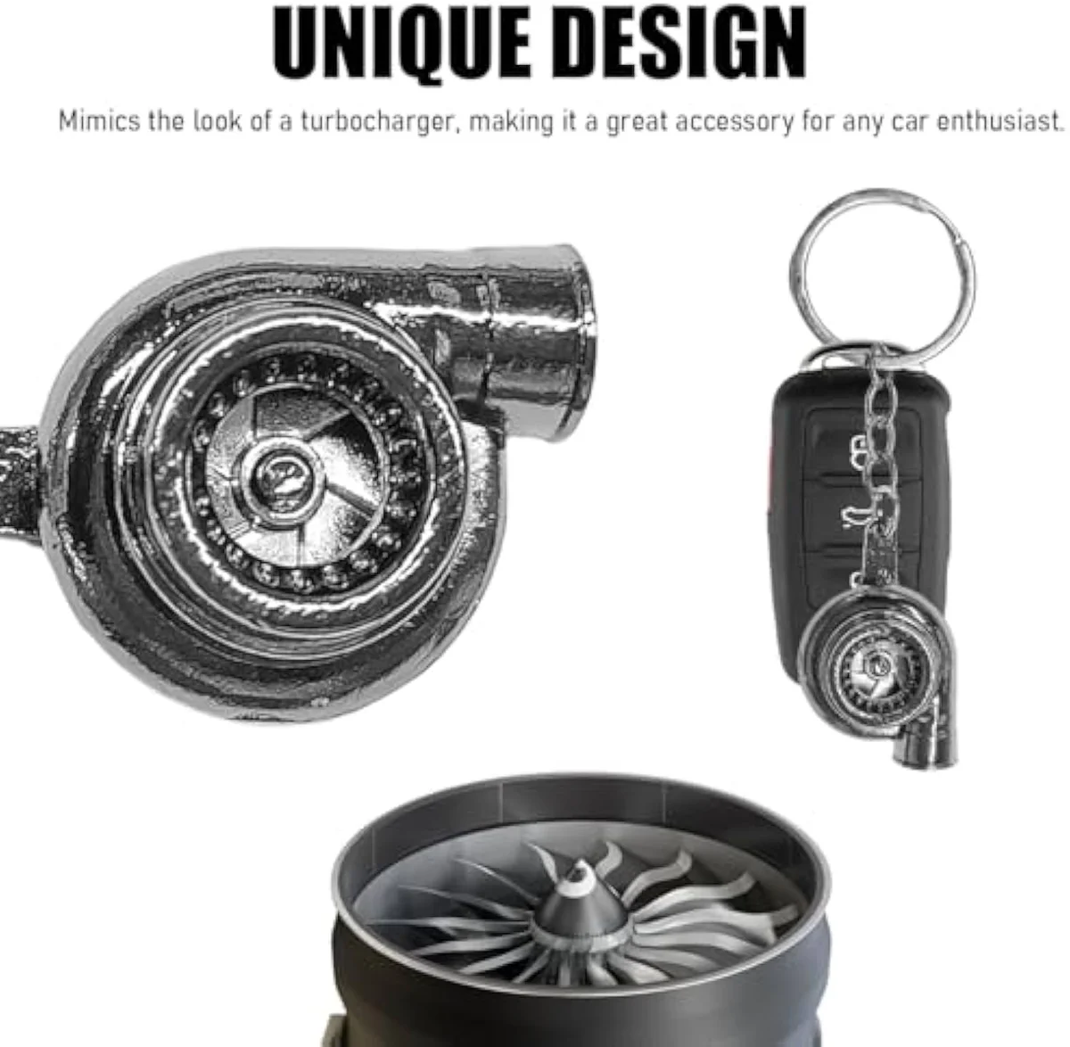ZNDAW Turbo Keychain — the zinc-alloy turbo-shaped silhouette decorative keychain for car / engine / racing enthusiasts, sized at 3.94 inches overall.