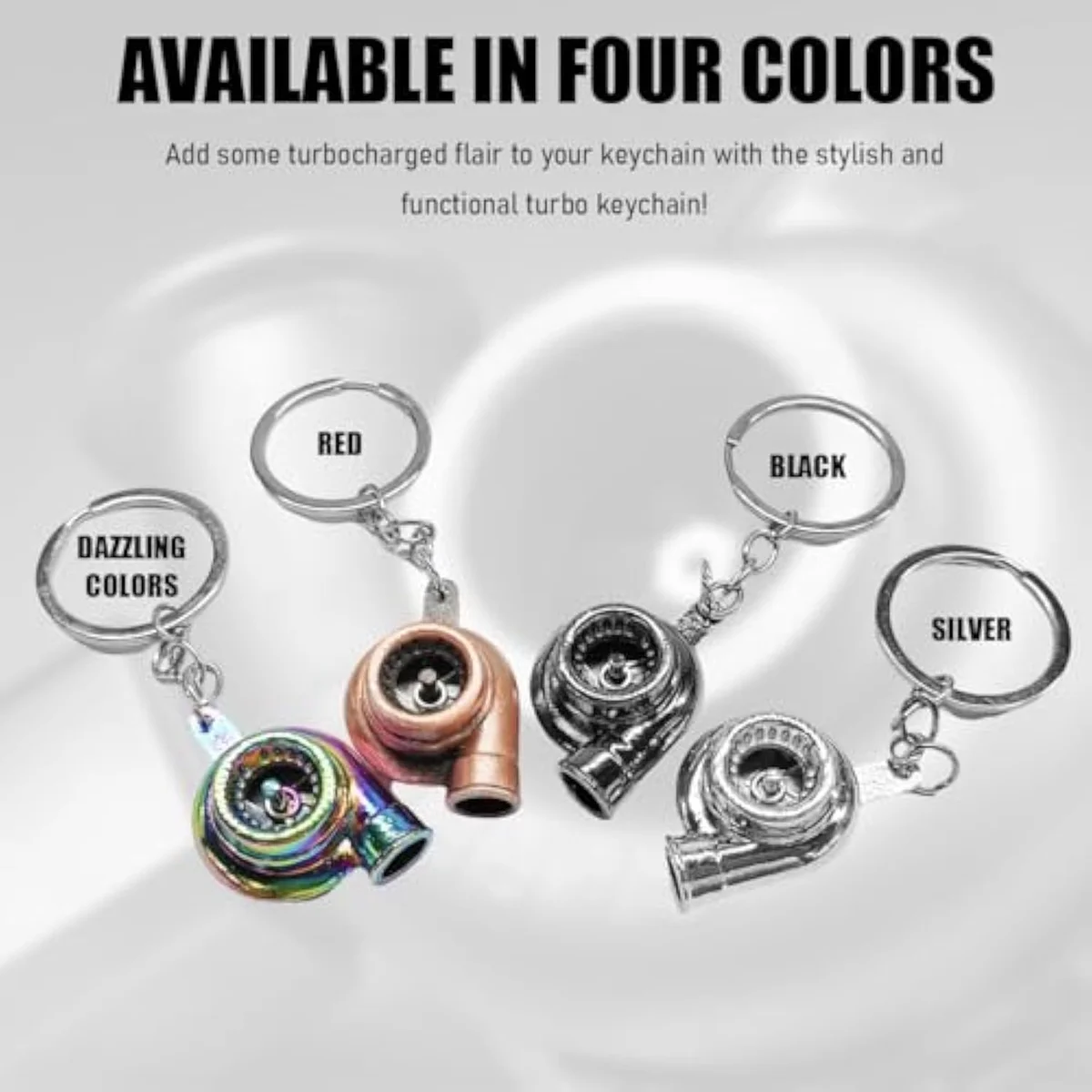 ZNDAW Turbo Keychain turbo-shaped pendant detail — 1.14 by 1.02 inch sculpted silhouette showing compressor and turbine sides of a turbocharger.